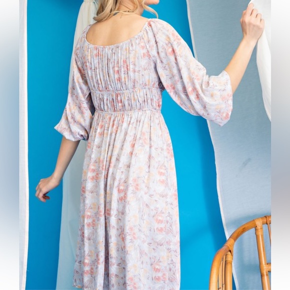 4. Women's Plus Size Off Shoulder Floral Dusty Blue Ruched Detail Dress - Picture 3 of 6